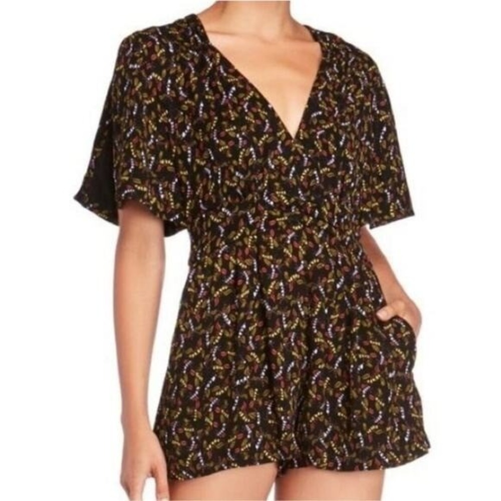 Free People Floral Print Romper Deep V Neck Mini Jumpsuit Summer Casual Party